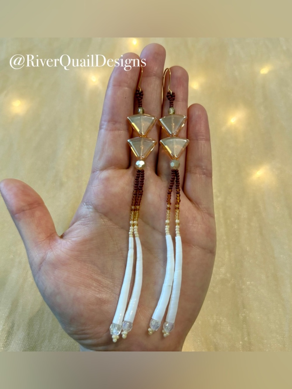 Handmade Beaded Earrings: White, Brown, Gold, Dentalium Shell Dangle Earrings - Picture 2 of 2
